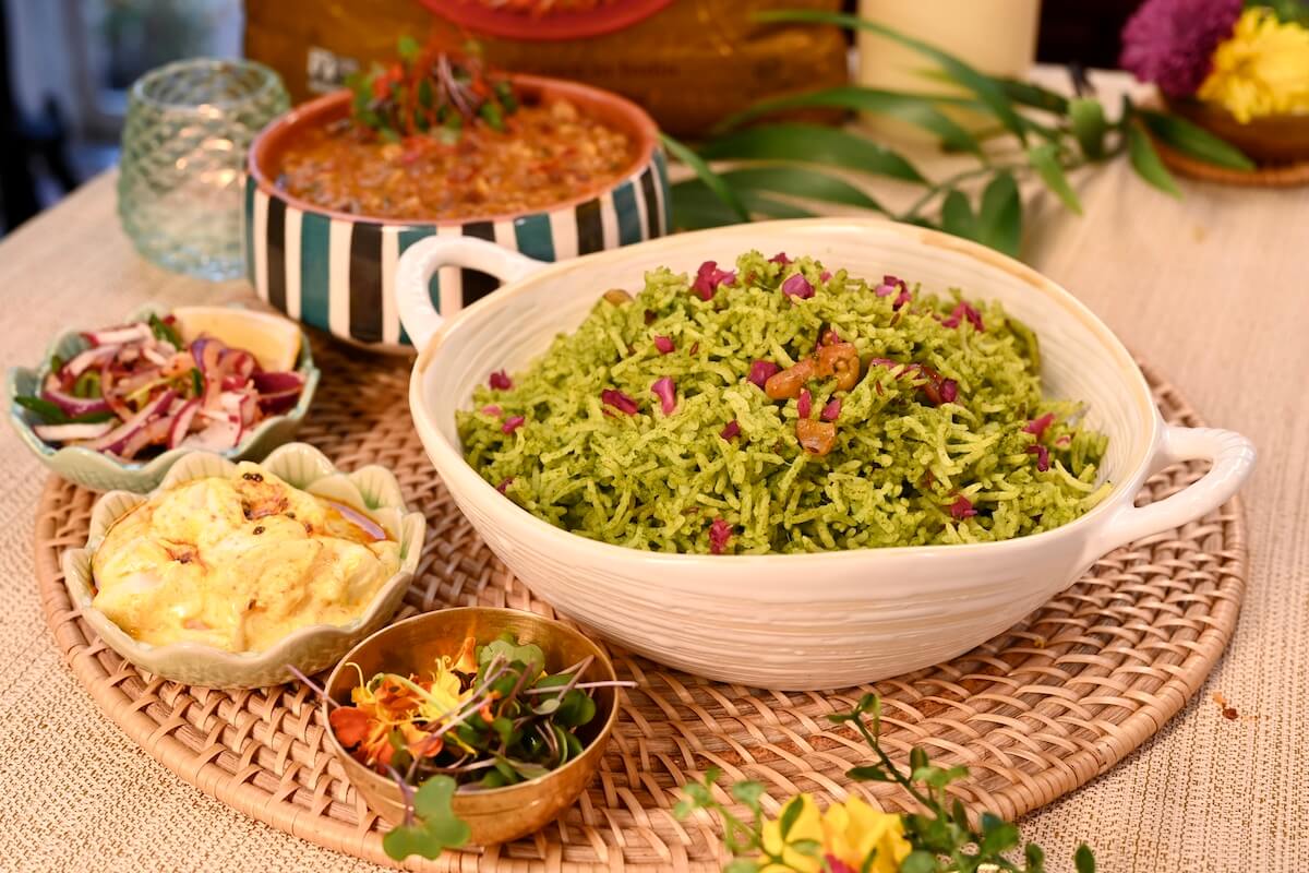 Cilantro Mint Pulao with Smoked Kwati Daal