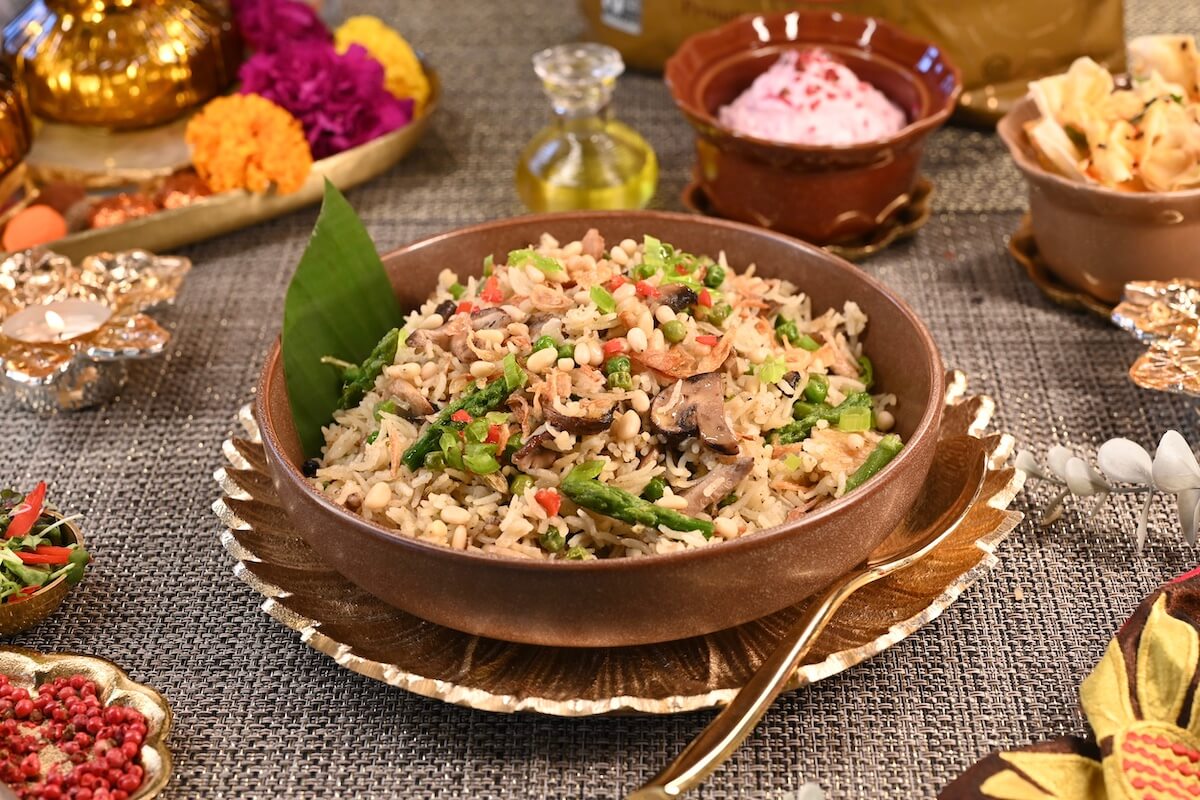 Wild Mushroom Kashmiri Pulao with Pink Peppercorn Raita